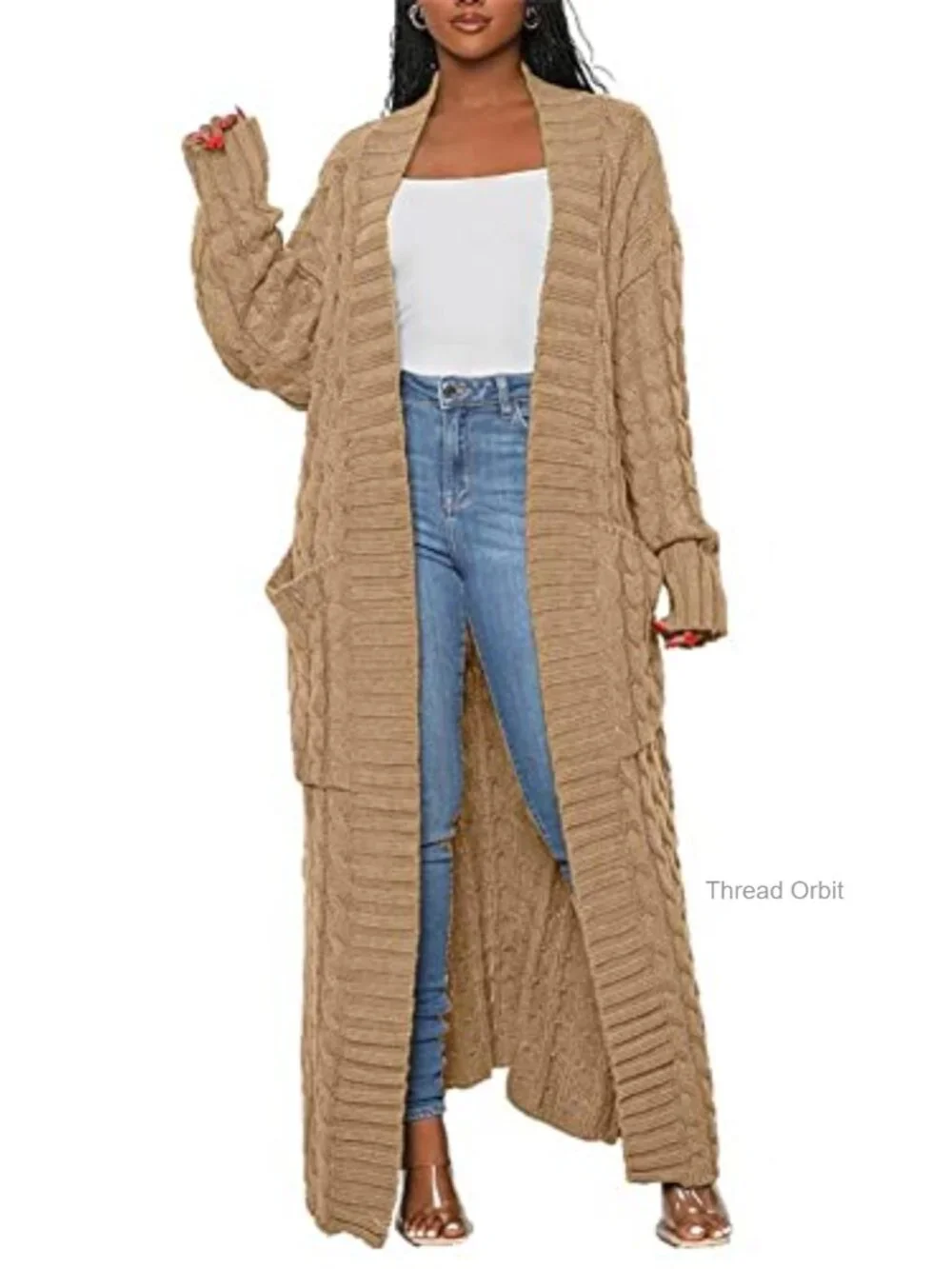 Women's Long Cardigan Open Front Chunky Cable Knit Duster with Pockets Winter